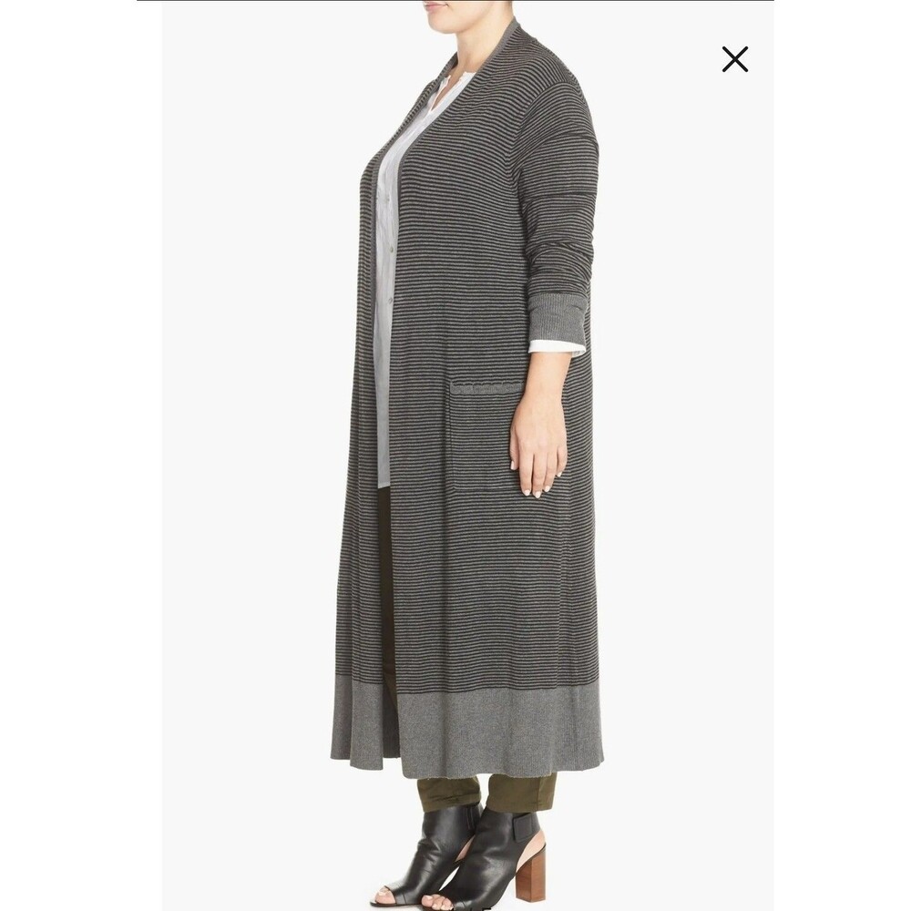 EILEEN FISHER Long Gray Striped Cardigan Knit Duster Bamboo Open Front Size L